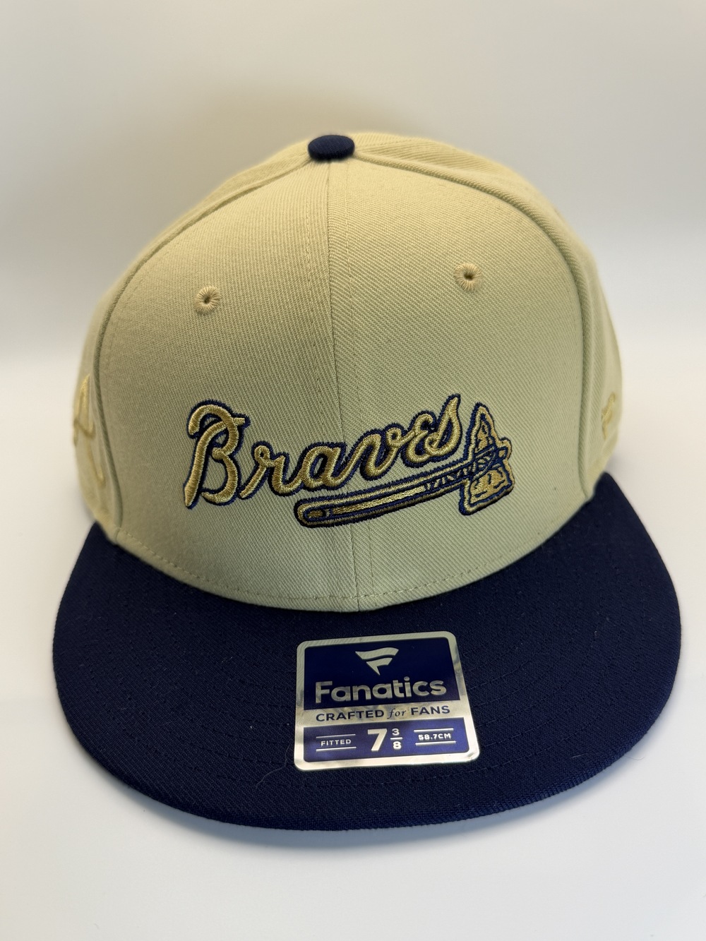 Fanatics Atlanta Braves Fitted Hat 7 3/8 Navy Tan Beige Embroidered